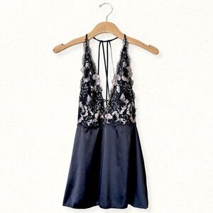 Auden Plunge Satin Babydoll Dress - Size Small, Black